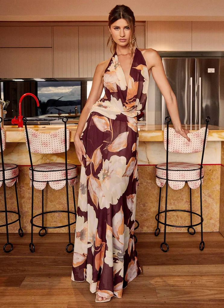 Elysia Chiffon Maxi Dress - Brown Floral | Peppermayo (Global)