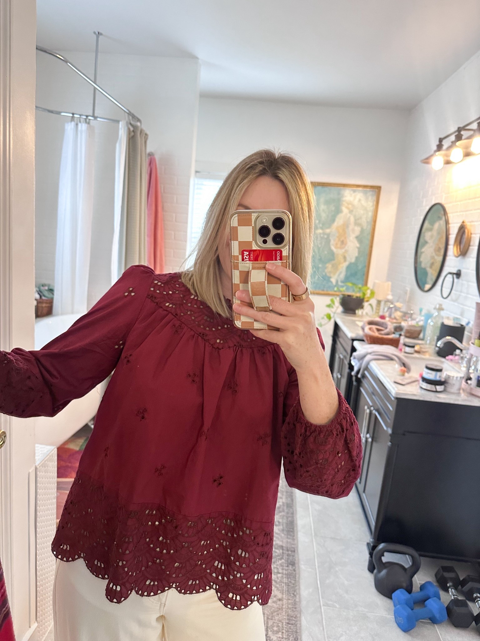 Wine colored eyelet blouse from Walmart
Comes in other colors  under $23
Affordable Christmas outfit idea