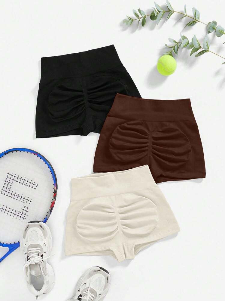 SHEIN Velisys Set de 3 shorts deportivos de mujer fruncidos de unicolor | SHEIN