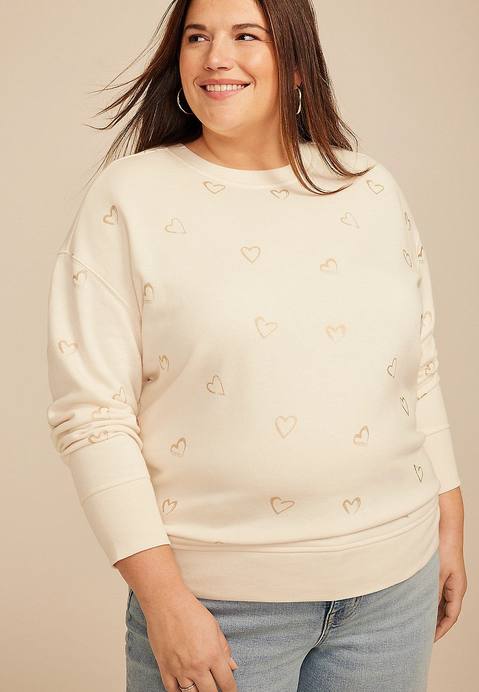 Plus Size Gold Foil Hearts Crew Neck Sweatshirt | Maurices