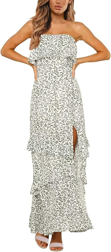 Vansha Women’s Boho Off Shoulder Strapless Summer Beach Floral Slit Maxi Dress | Amazon (US)