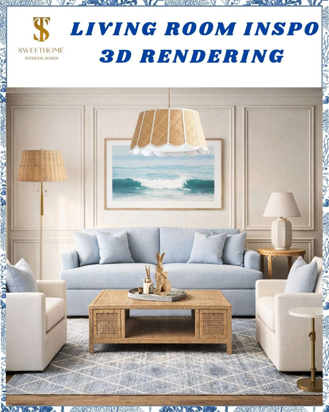 LIVING ROOM, MOODBOARDED, COASTAL MODERN LOVING ROOM, LIGHT BLUE SOFA, WHITE SWIVEL CHAIRS, WAYFAIR S, ACCENT CHAIR SWIVEL CHAIR, WOVEN RATTAN LIGHTING, ART WALL, COASTAL ART, RUG, SERENA AND LILY. #STSWEETHOME 

 #LTKHome #LTKSaleAlert
