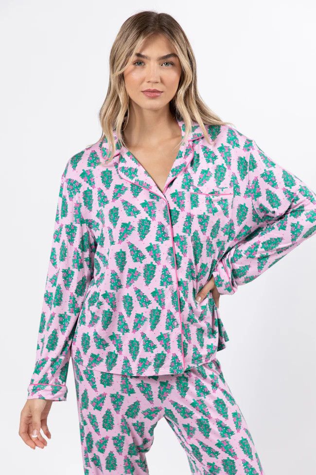Under The Stars In Pink Pines Long Sleeve Bamboo Pajama Top | Pink Lily