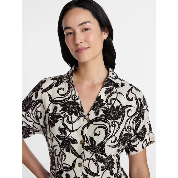 Time and Tru Women's Linen Pleated Waist Fit And Flare Mini Shirt Dress, Sizes XS-XXXL | Walmart (US)