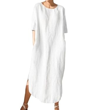 TIAFORD Women Summer Cotton Linen Flowy Loose Maxi Dress Casual Beach Slit Half Sleeve Crewneck T... | Amazon (US)