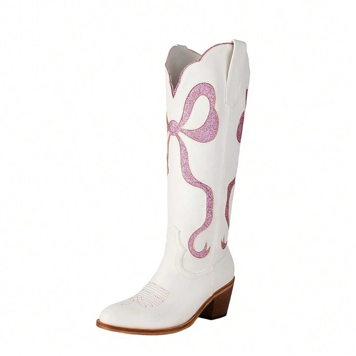 Women's White Cowgirl Boots With Glitter Bow Knee High Cowboy Boots Almond Round Toe Chunky Heel ... | SHEIN