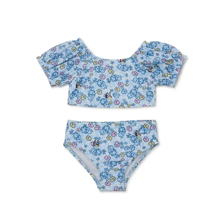 Bluey Girls Puff Sleeve Print Swimsuit, 2-Piece, Sizes 12M-5T - Walmart.com | Walmart (US)