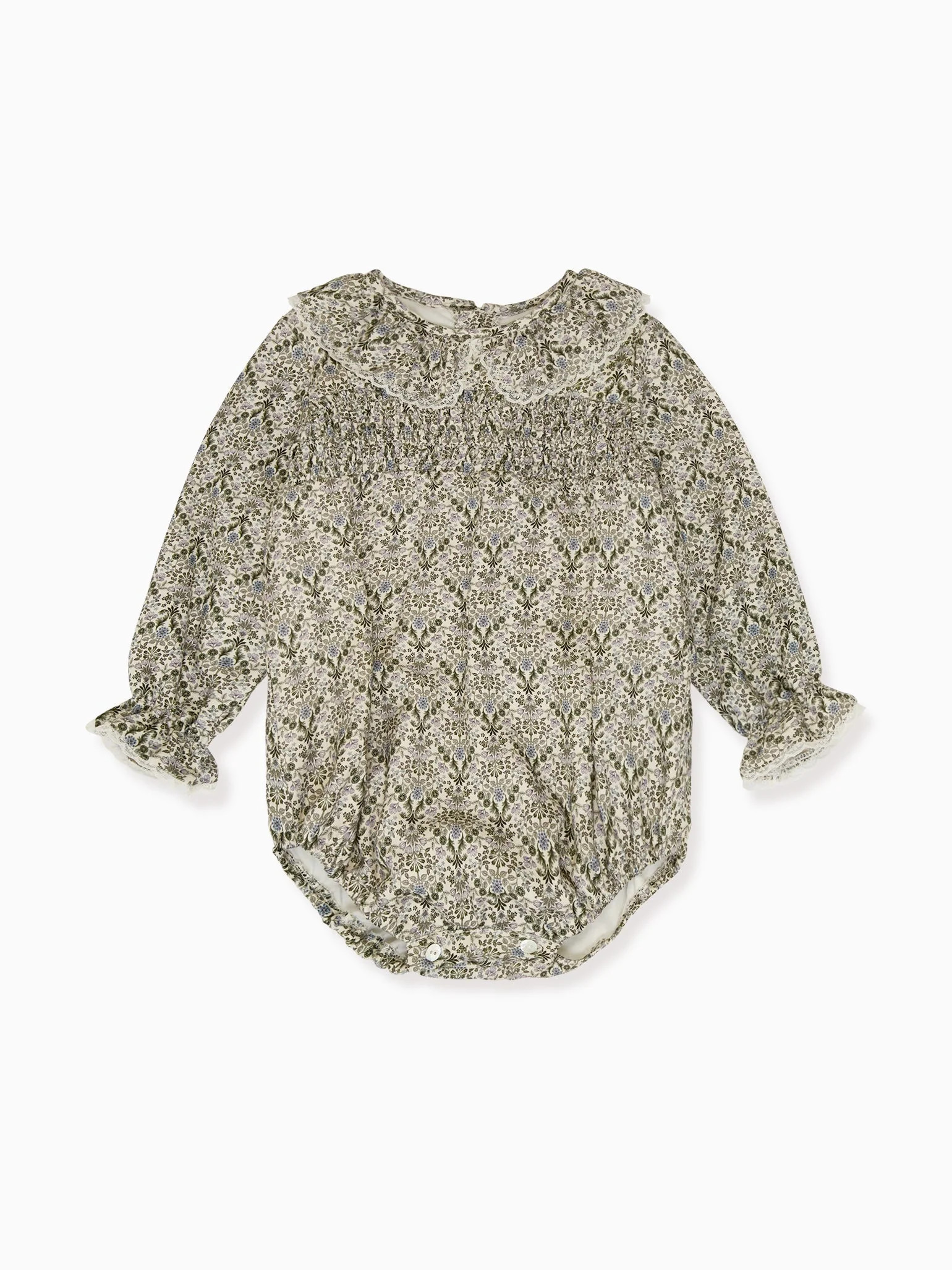 Green Chloe Baby Girl Smock Romper Suit | La Coqueta (US)