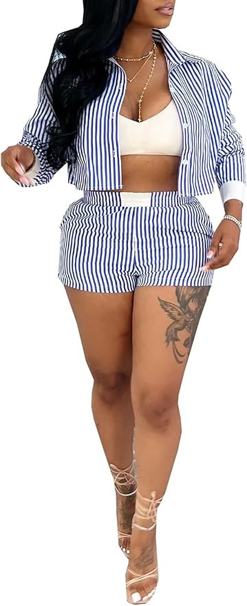 Geulis Women's 2 Piece Shirts Outfits Casual Striped Long Sleeve Blouses Crop Tops Mini High Wais... | Amazon (US)