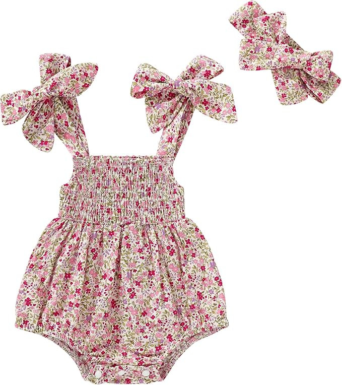 Baby Girls Floral Bodysuit and Headband Halter Romper Jumpsuit Infant Summer Clothes | Amazon (US)