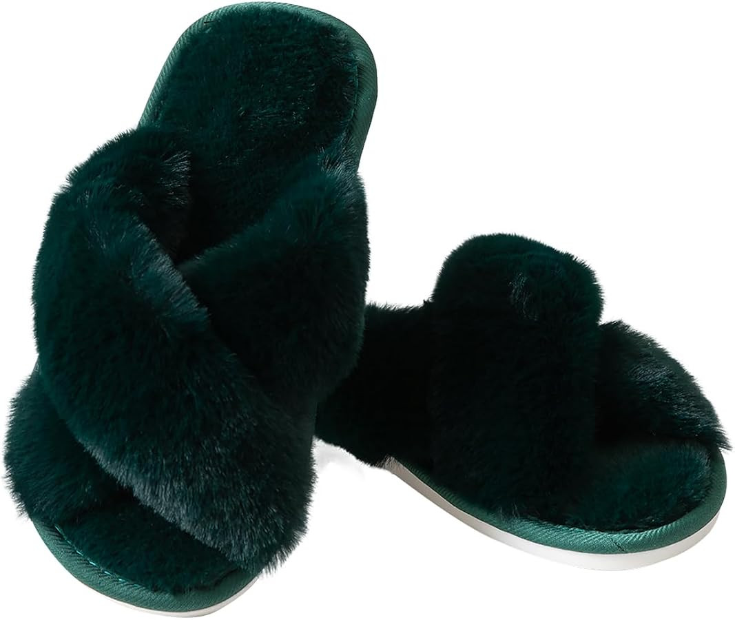 Women's Fuzzy Cross Band Slippers Indoor Outdoor Soft Open Toe House Slippers | Amazon (US)