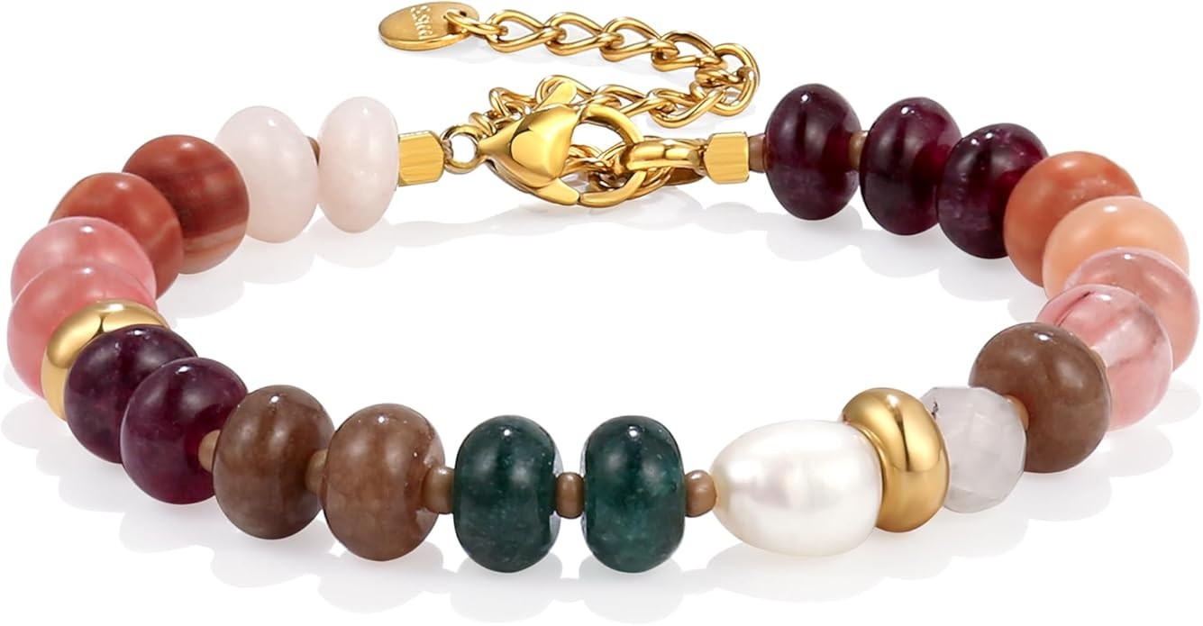 Gemstone Beaded Bracelet for Women Colorful Natural Stone Freshwater Pearl Surfer Beach Rainbow B... | Amazon (US)