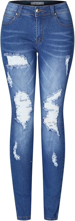 2LUV Women's Stretchy 5 Pocket Destroyed Dark Denim Skinny JeansÂ | Amazon (US)