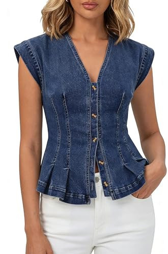 Leyoutx Women's Casual Cap Sleeve V Neck Denim Vest Button Down Fitted Pleated Summer Y2k Trendy Jean Tank Top (Medium, Dark Blue) | Amazon (US)
