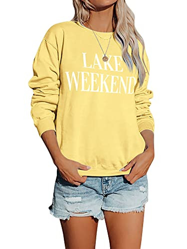 Ezcosplay Women Cute Lake Weekend Sweatshirt Letter Print Shirts Casual Loose Pullover Tops | Amazon (US)