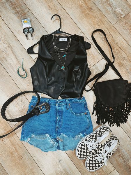 Western grunge outfit idea! Black leather vest paired with Levi denim shorts and old school checkered vans! Bag & earrings are thrifted

LORI20 to save on vest!





#LTKFestival #LTKStyleTip #LTKSeasonal