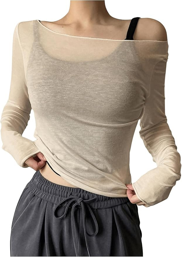 Women's Mesh Sheer Tops Off The Shoulder Long Sleeve See Through Shirts Going Out Party Club Outf... | Amazon (US)