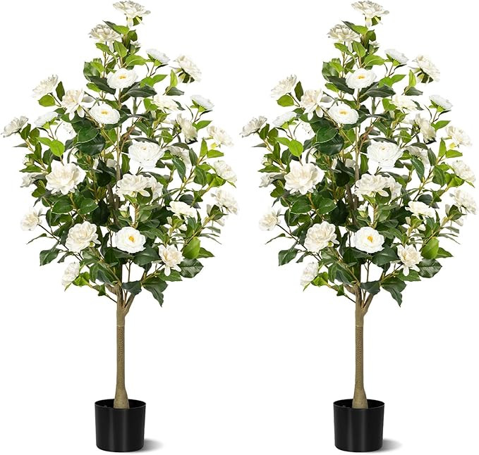 Artificial Camellia Tree 2 Pack, Artificial Plants Outdoor Faux Floral Plant in Cement Pot Fake S... | Amazon (US)