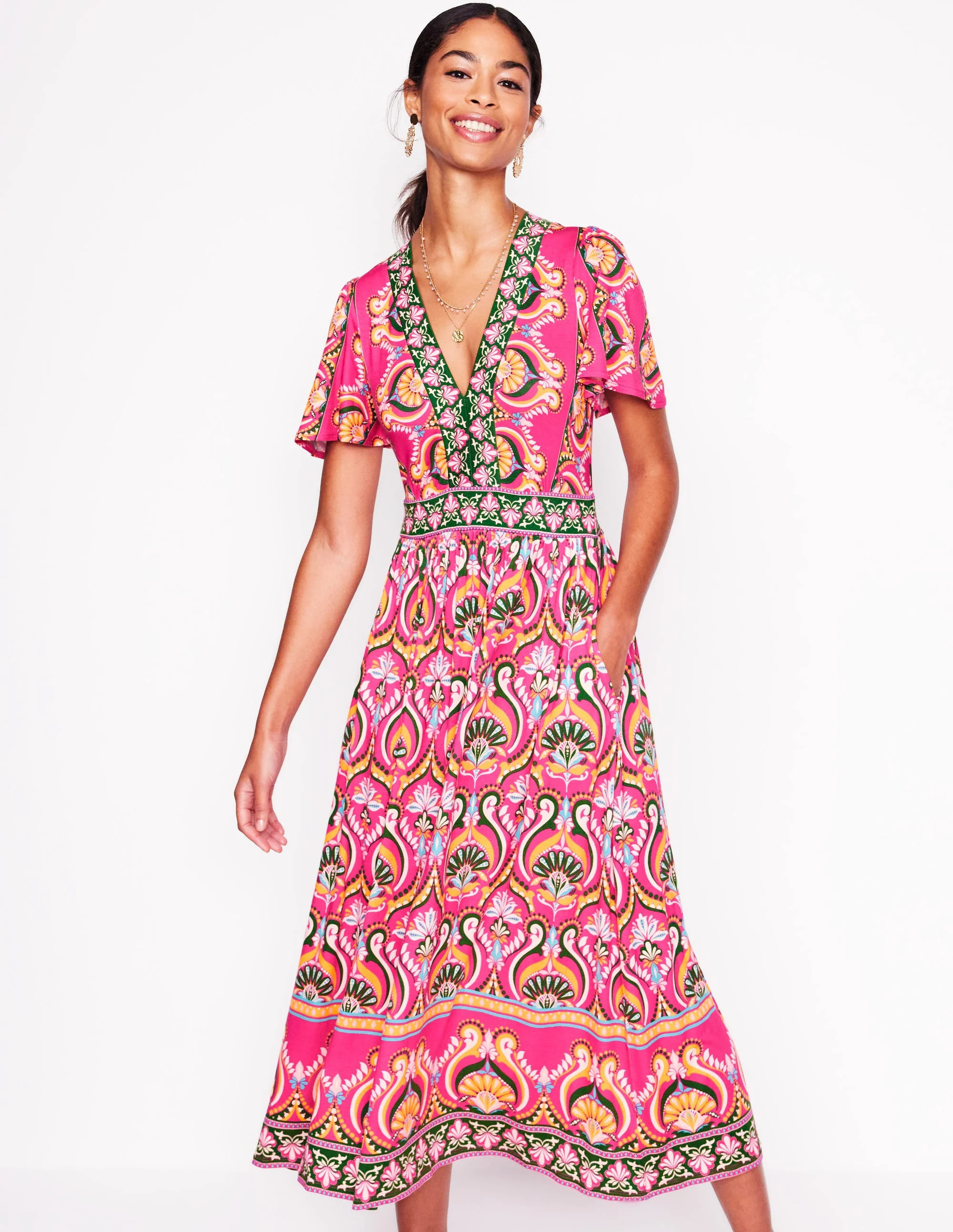 Ellie Flutter Maxi Tea Dress-Pink Peony, Ornamental Floral | Boden (US)
