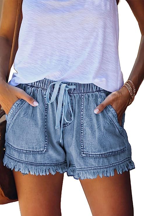 GOLDPKF Womens Jean Shorts for Denim Casual Summer Mid Waist Frayed Stretchy Ripped | Amazon (US)