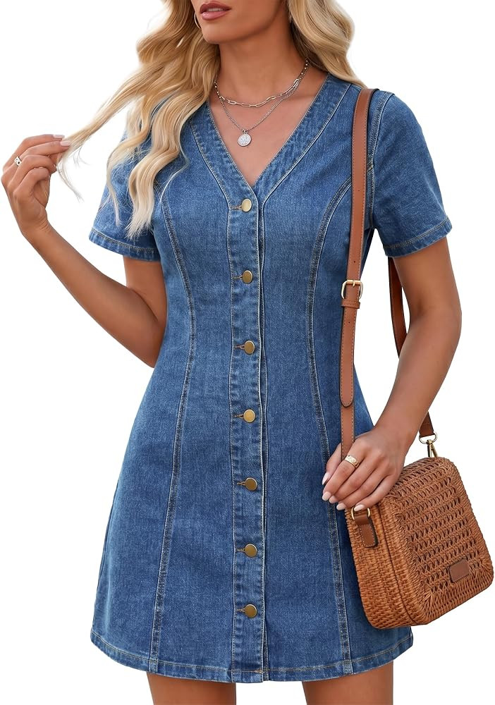 BISUAL Denim Dress for Women V Neck Jean Dress A-line Short Sleeve Button Down Dress Casual Summe... | Amazon (US)
