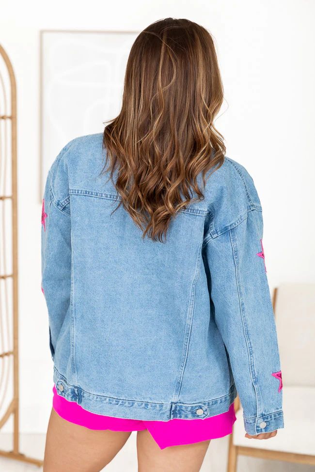 Can't Fight The Moonlight Denim Pink Star Jacket | Pink Lily