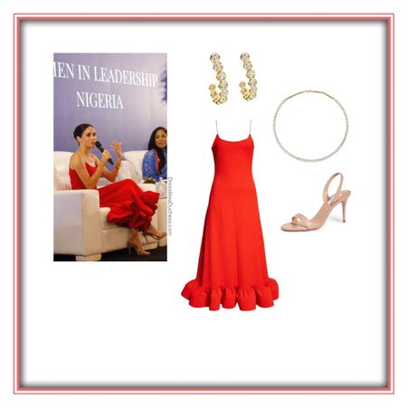 Meghan Markle in Nigeria in red orire dire dress, Aquazzura nude sandals, Logan Hollowell necklace and kimai stud hoop earrings 
