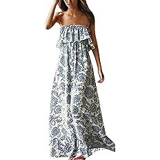 ZMPSIISA Women's Summer Off The Shoulder Maxi Dress Ruffle Strapless Blue White Porcelain Boho Ca... | Amazon (US)