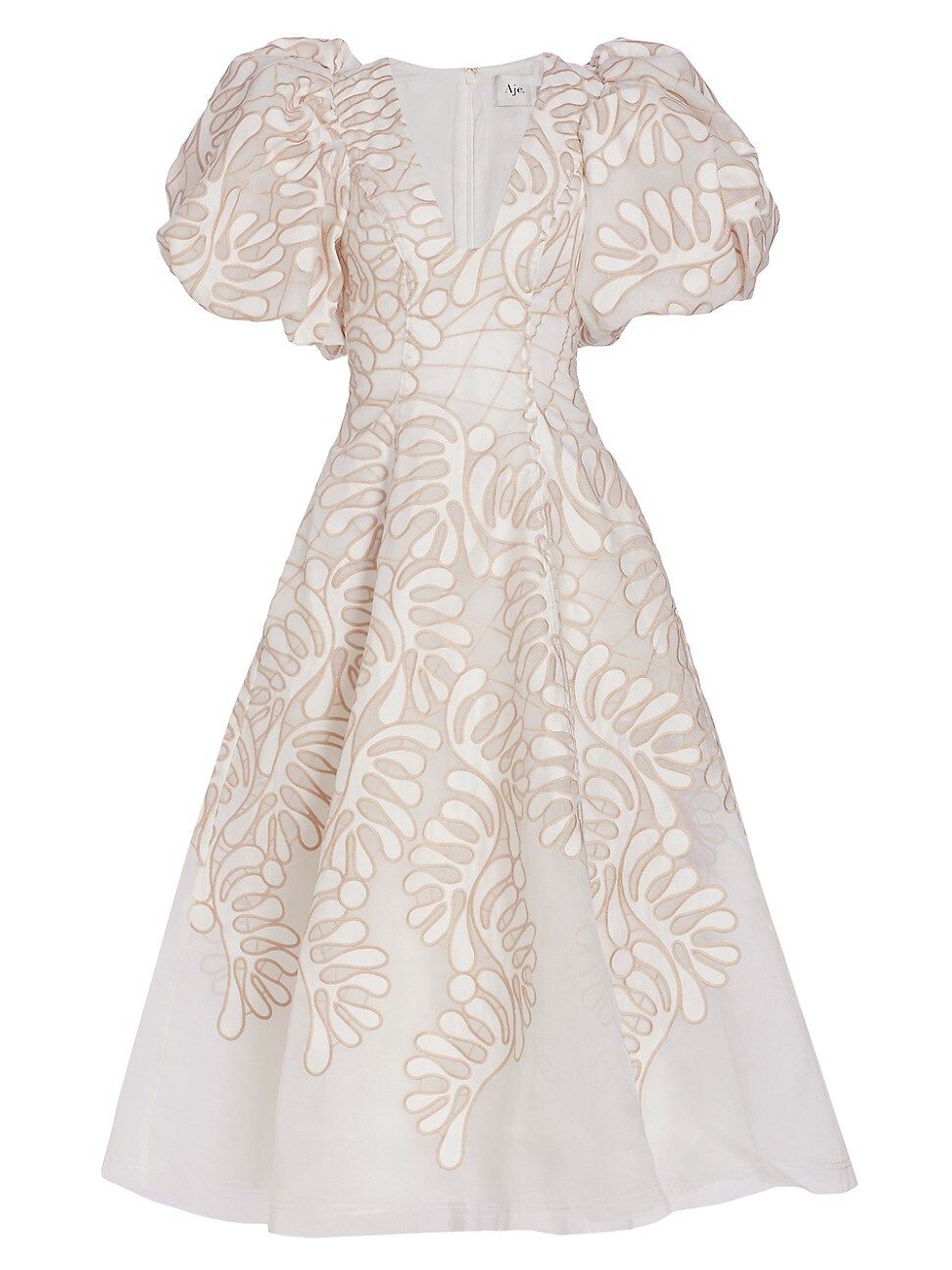 Women's Botanical Applique Puff-Sleeve Midi-Dress - Ivory Ecru - Size 8 - Ivory Ecru - Size 8 | Saks Fifth Avenue