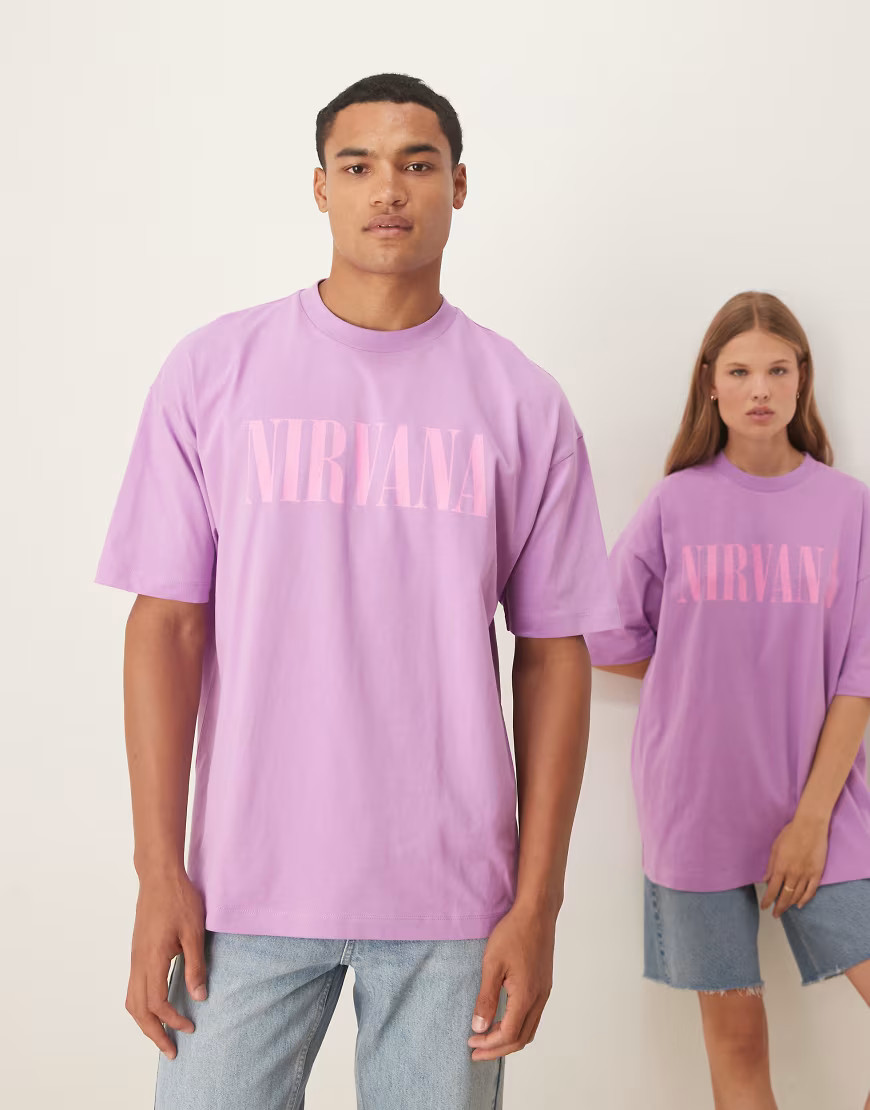 ASOS DESIGN – Unisex-T-Shirt in verwaschenem Lila mit Nirvana-Print und Oversize-Schnitt | ASOS (Global)