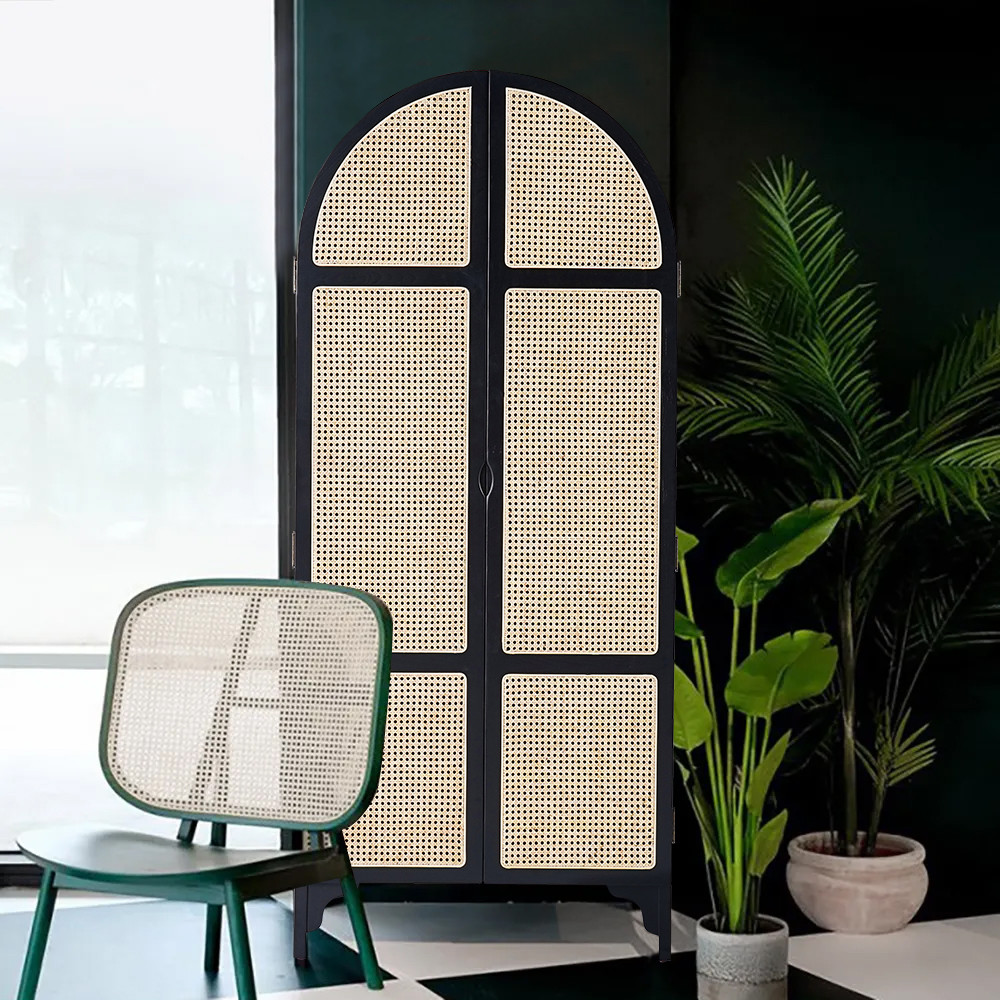 Woven Rattan Bedroom Clothing Armoire with Hidden 2 Doors and Drawers Wardrobe, Black-Homary | Homary.com