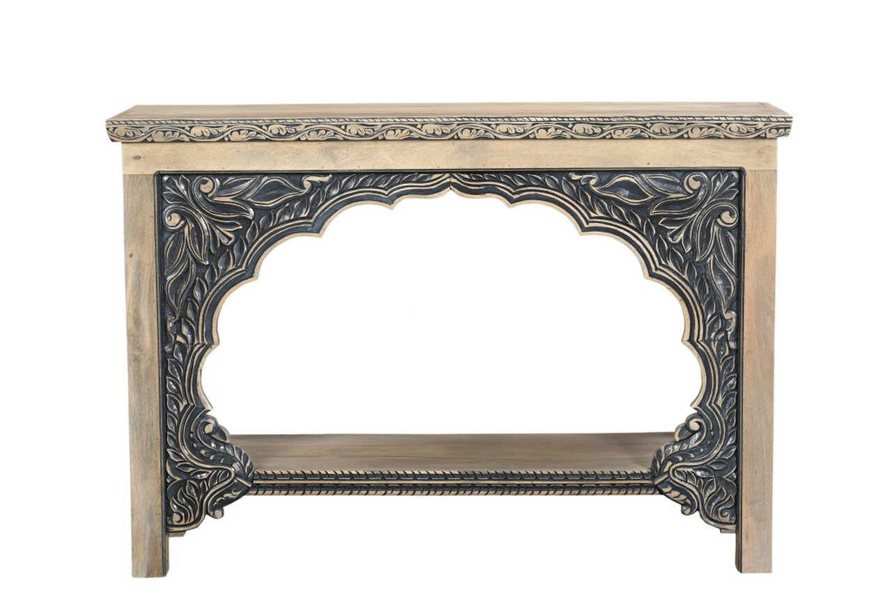 56 Inch Solid Wood Distressed Console Table with Shelf In Black and Natural | 1stopbedrooms