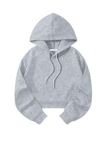 SOLY HUX Women's Cropped Hoodie Drawstring Long Sleeve Drop Shoulder Casual Sweatshirt Plain Light Grey Small | Amazon (US)
