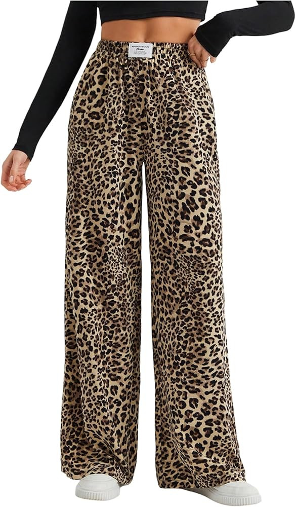 Women's Letter Leopard Print Straight Leg Pants Elastic Waist Y2K Trousers Bottoms with Pockets | Amazon (US)