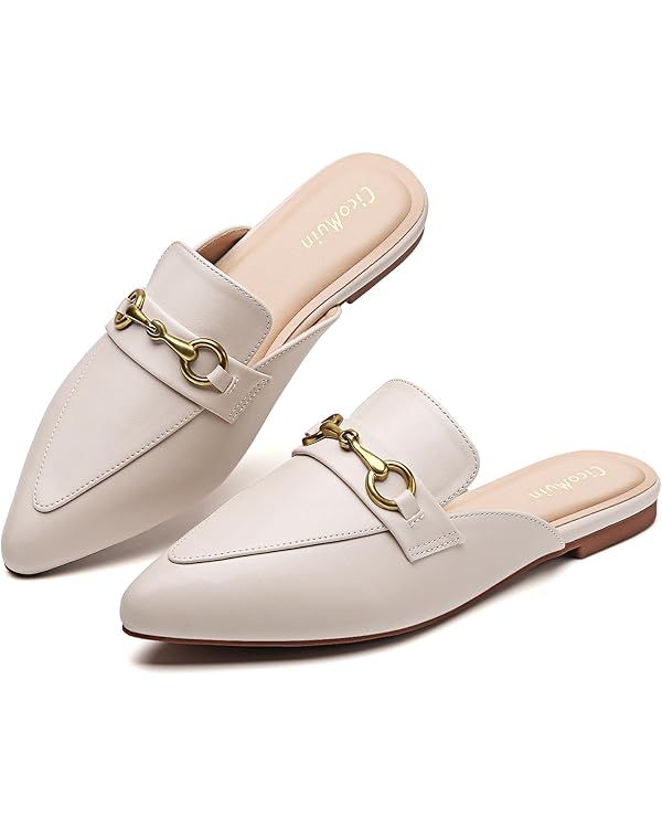 Buckle Mules for Women Pointed Toe Backless Flat Mules Slip on Slides Loafer Shoes | Amazon (US)