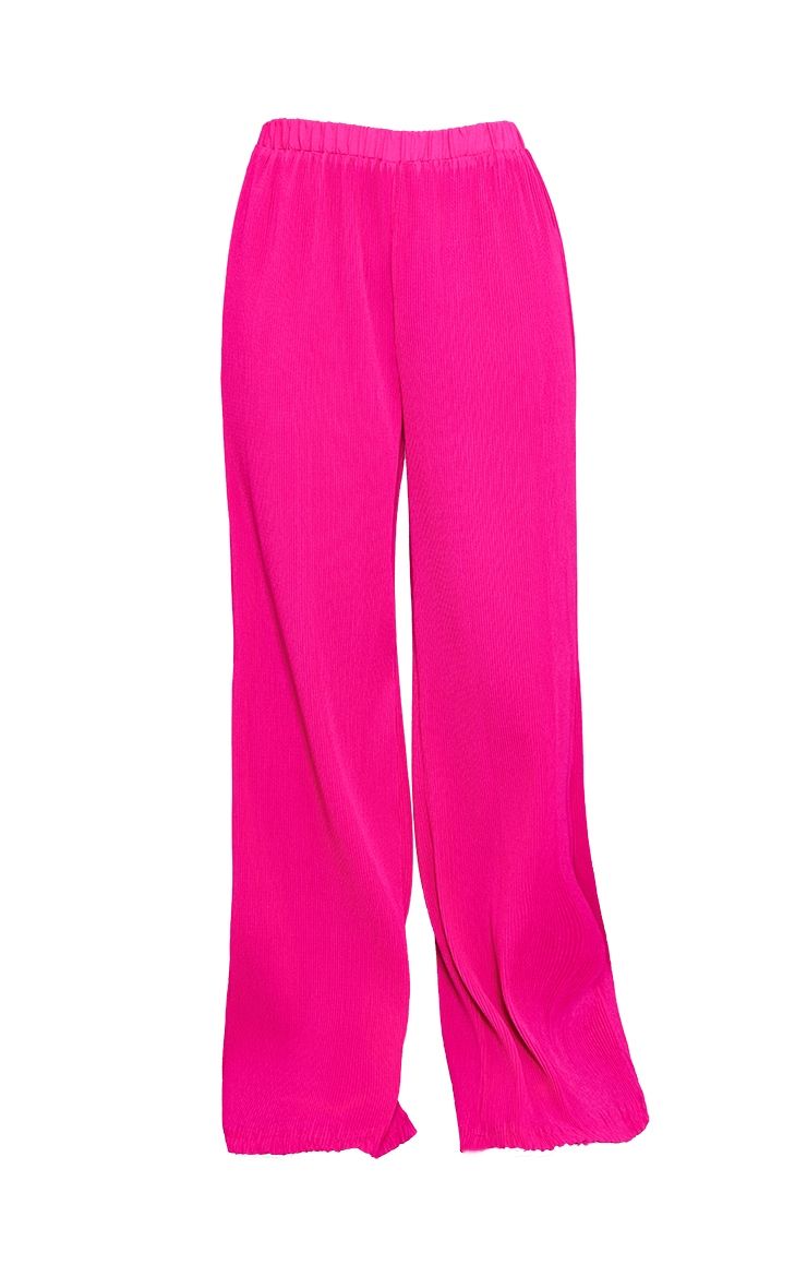 Hot Pink Plisse High Waisted Wide Leg Pants | PrettyLittleThing US