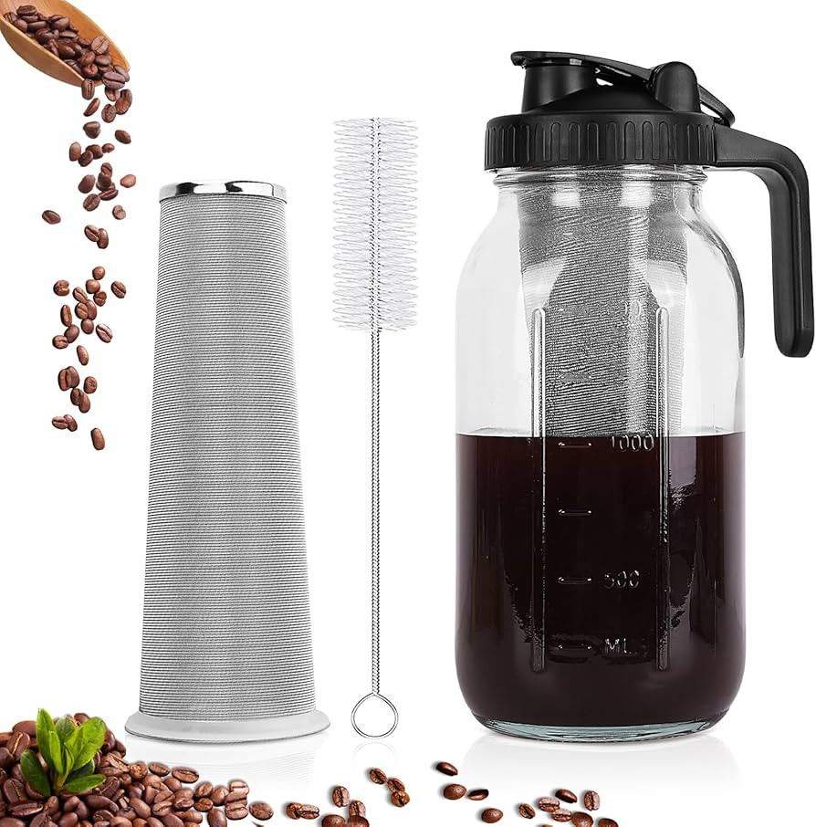 Cold Brew Coffee Maker, 64 oz Wide Mouth Mason Jar Pitcher with Stainless Steel Filter, Pour Spou... | Amazon (US)