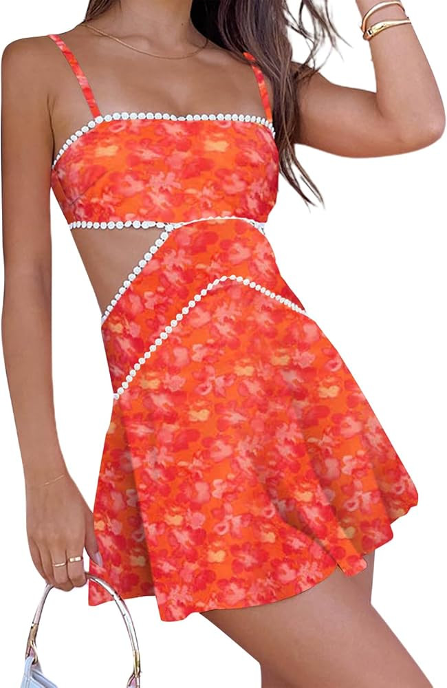 Women Summer Boho Floral Mini Cami Dress Spaghetti Strap Flowy Short Sling Dress Sleeveless Low C... | Amazon (US)