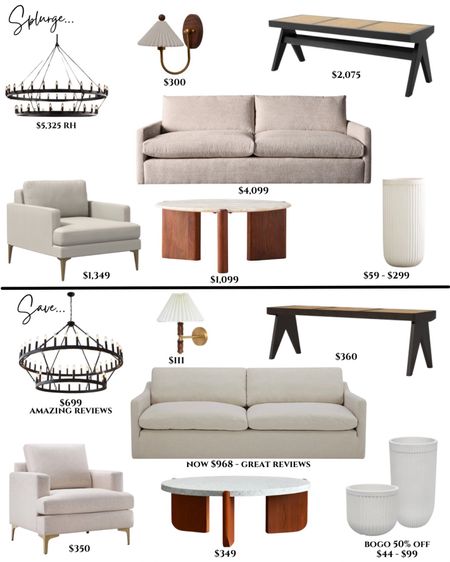 Looks for less home. Splurge or save. Modern living room furniture. White sofa modern. Round chandelier black. Two tiered chandelier rustic. White accent chair modern. Wide accent chair bedroom. Round coffee table modern. Tall fluted planter white. Vintage sconce with shade. Modern bench black. Rattan bench wooden: 

#LTKsalealert #LTKFind #LTKhome