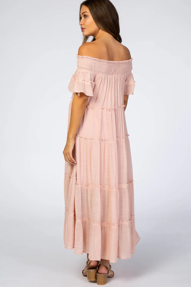 Mauve Off Shoulder Tiered Maternity Maxi Dress | PinkBlush Maternity