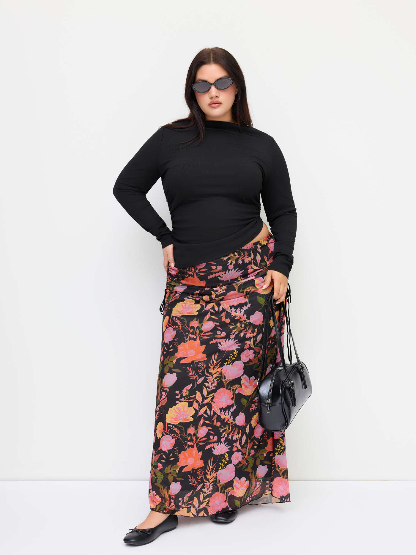 Round Neckline Ruched Long Sleeve Top & Mid Rise Floral Knotted Maxi Skirt Set Curve & Plus | Cider