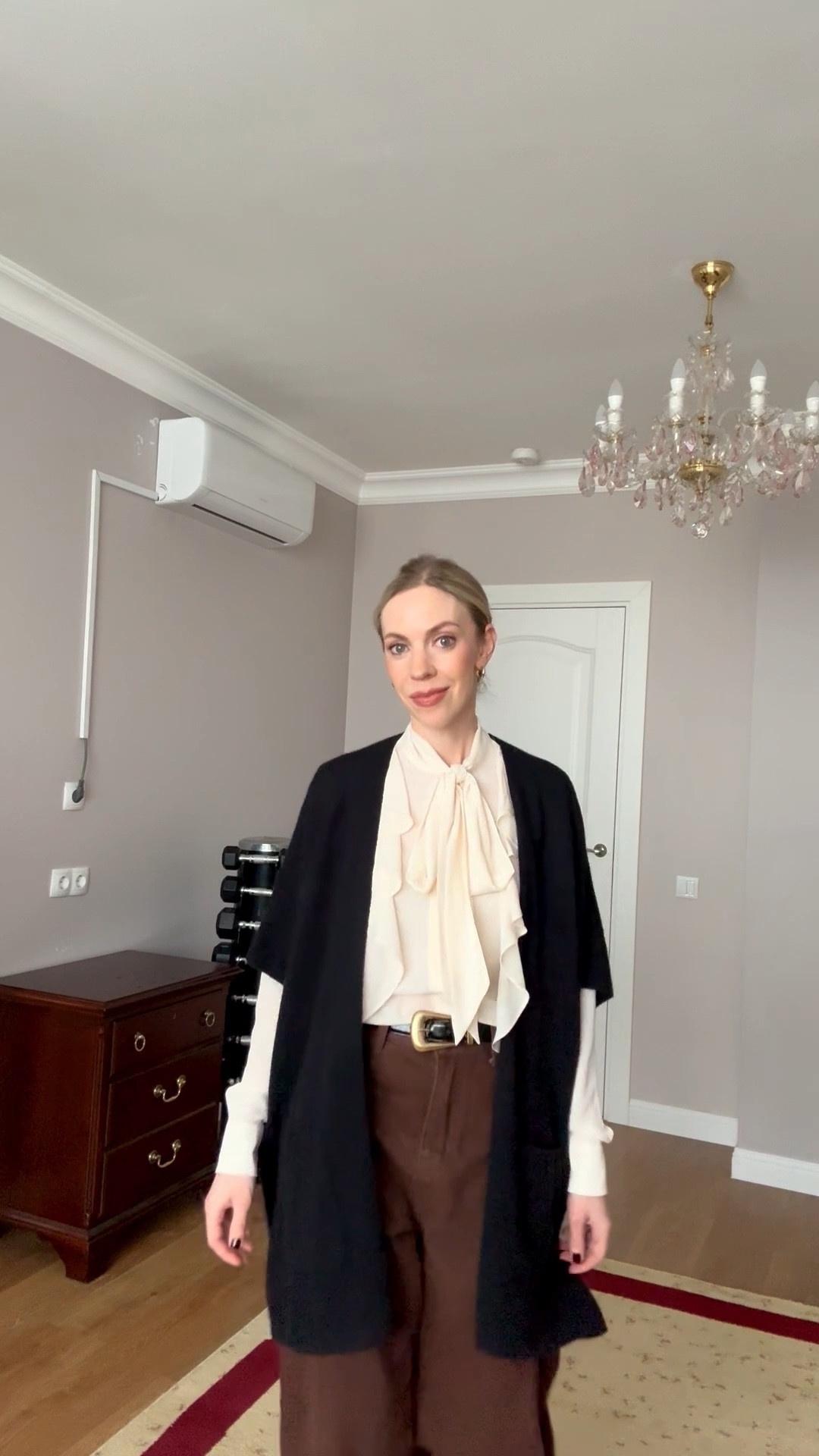 Spring workwear, office look, ruffle bow tie blouse, brown denim, brown jeans, YSL belt, style over 40

#LTKootd #LTKWorkwear #LTKOver40