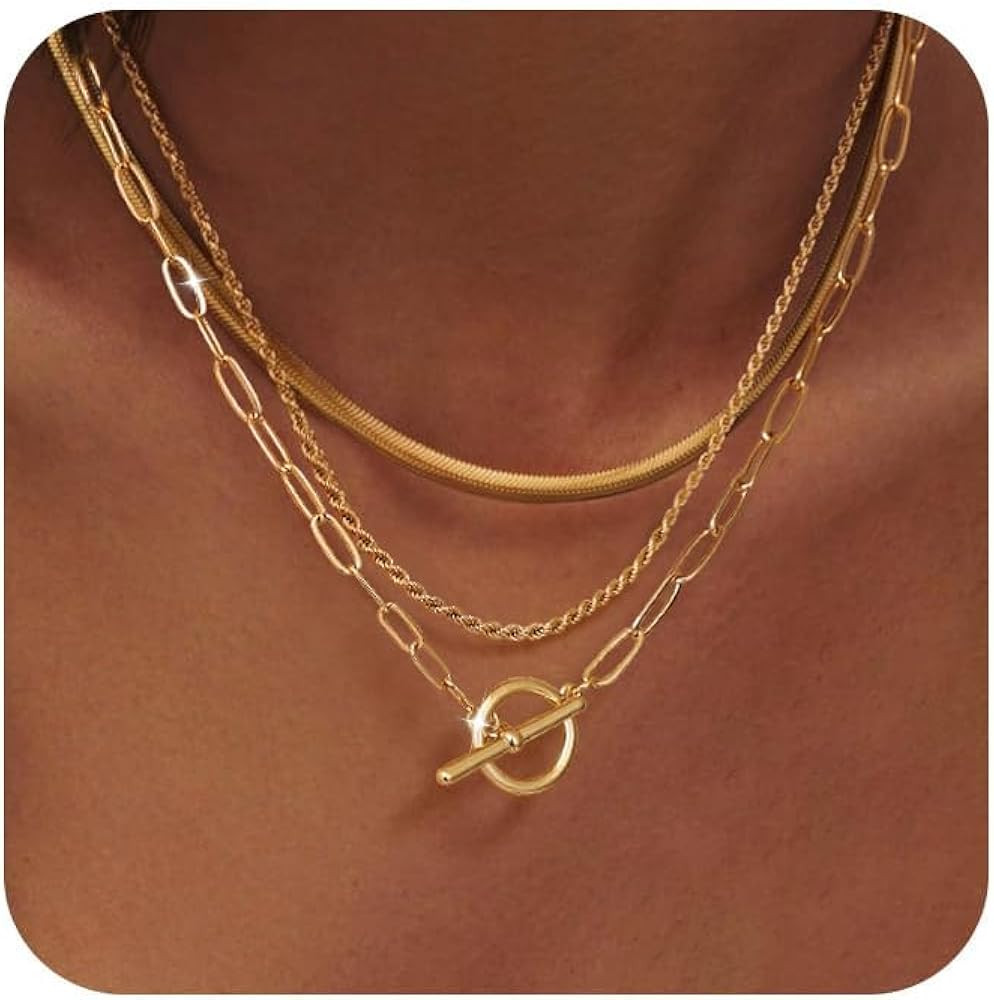 Freekiss Layered Necklaces for Women: 14K Gold/Sterling Silver Plated Chunky Necklace Paperclip C... | Amazon (US)