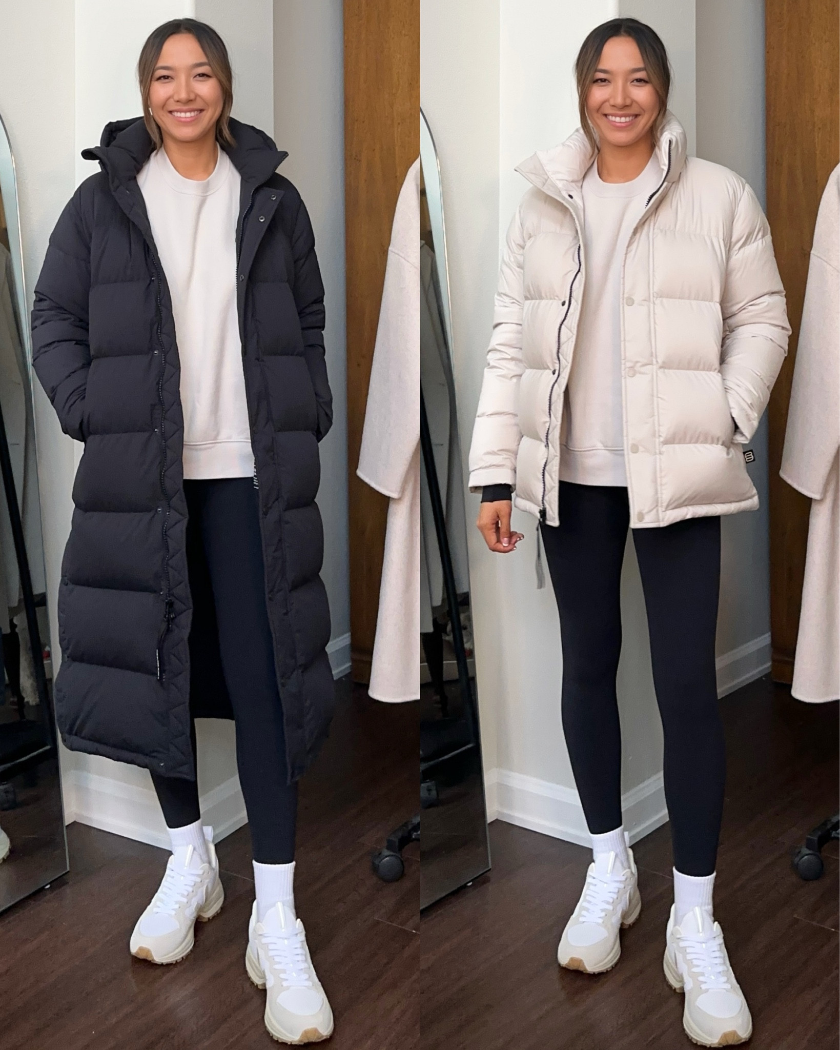 2 lengths & colors of the @aritzia Super Puff coats - love these coats, so soft & warm 

Long xs - black 
Original xs - Halation grey [matte pearl is a similar alternative if the grey sells out!] 
Crewneck xs 
Leggings xs 

#LTKSeasonal #LTKstyletip #LTKtravel
