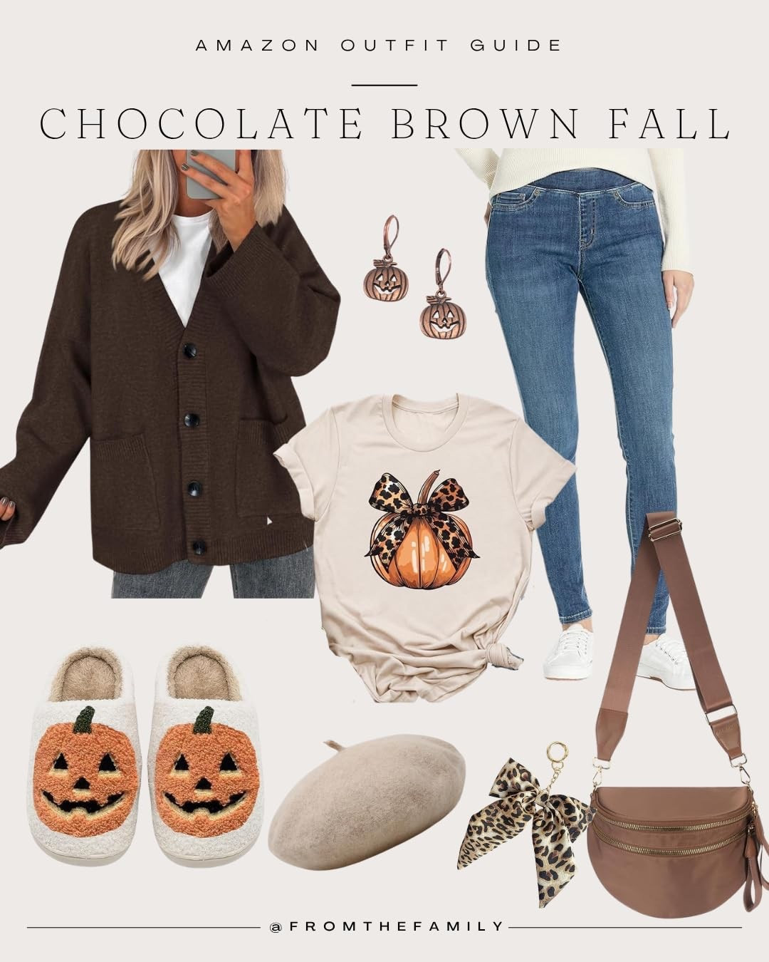 Chocolate brown layers are trending this fall 🍂🤎 This cozy Amazon outfit guide brings all the autumn vibes—think oversized cardigan, pumpkin graphic tee, classic denim, and playful accessories to tie it all together. Whether you’re headed to a pumpkin patch or just keeping cozy at home, these chocolate tones with pops of leopard and pumpkin details are the perfect seasonal combo.

Shop the look:
	•	Chocolate brown oversized cardigan
	•	Pumpkin + leopard bow graphic tee
	•	High-waisted skinny jeans
	•	Pumpkin jack-o-lantern slippers
	•	Leopard bow keychain
	•	Pumpkin drop earrings
	•	Neutral beret
	•	Crossbody bag in chocolate brown

#AmazonFallFinds #FallOutfitInspo #ChocolateBrownStyle #LTKFallFashion #AmazonStyleGuide #FallOutfitIdeas #LTKunder50 #FallWardrobeRefresh #CozyFallStyle #LTKFinds

#LTKSeasonal #LTKFindsUnder50 #LTKHalloween