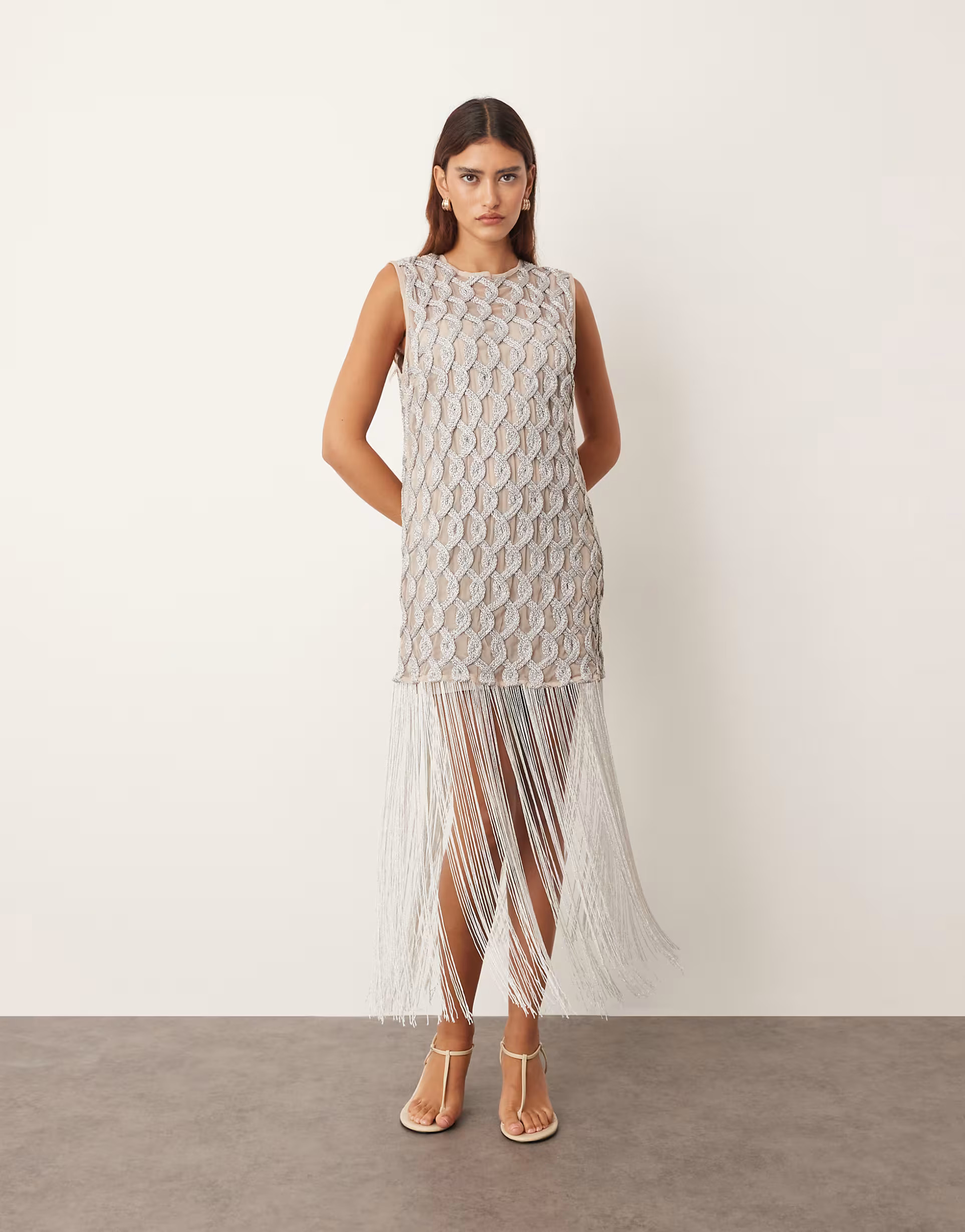 ARRANGE lattice grid mini dress with fringe hem in metallic | ASOS (Global)