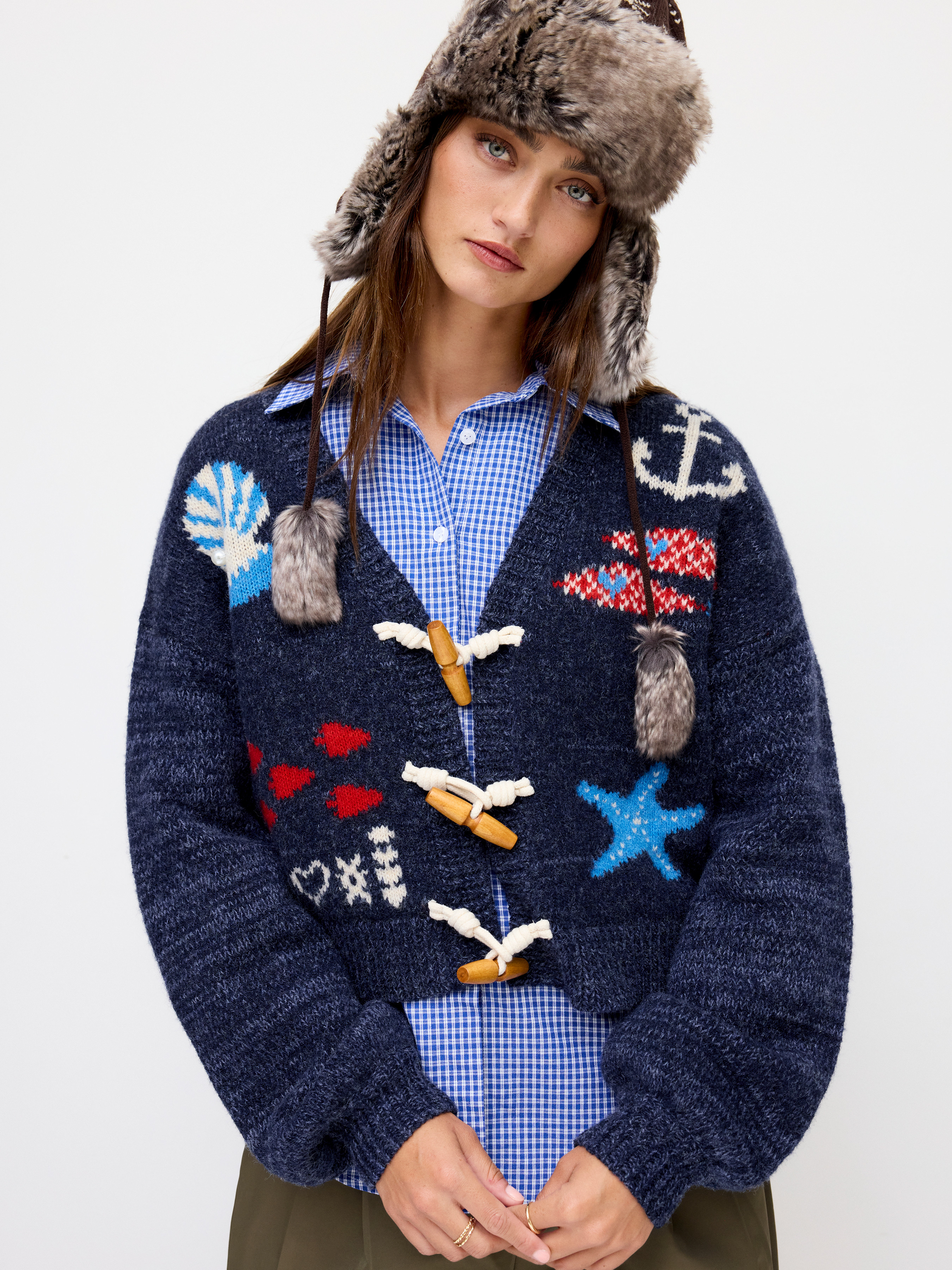 Knit Fabric Knit Wool-blend V-neck Sea Animal Toggle Button Oversized Cardigan For Daily Casual | Cider