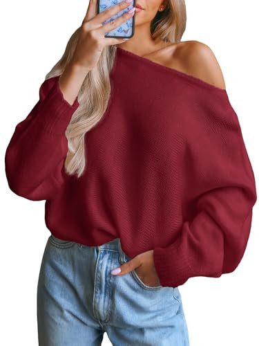 CUPSHE Women's Sweater Off The Shoulder Tops Long Sleeve Knit Drop Shoulder Sweater Top Red, S | Amazon (US)