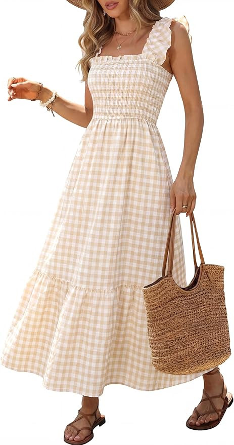 Caracilia Womens Summer Casual Maxi Dress Ruffle Spaghetti Strap Gingham Smocked Long Dresses 202... | Amazon (US)