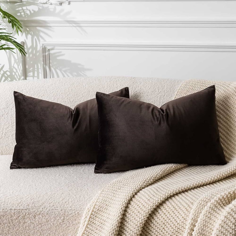 JUSPURBET 12x20 Coffee Lumbar Velvet Throw Pillow Cover Set of 2,Decorative Soft Solid Cushion Ca... | Amazon (US)